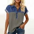thumbnail image 5 of Denim Shirt Women Jean Patchwork Buttoned Collared Shirt Short Sleeve Summer Tops, 5 of 5