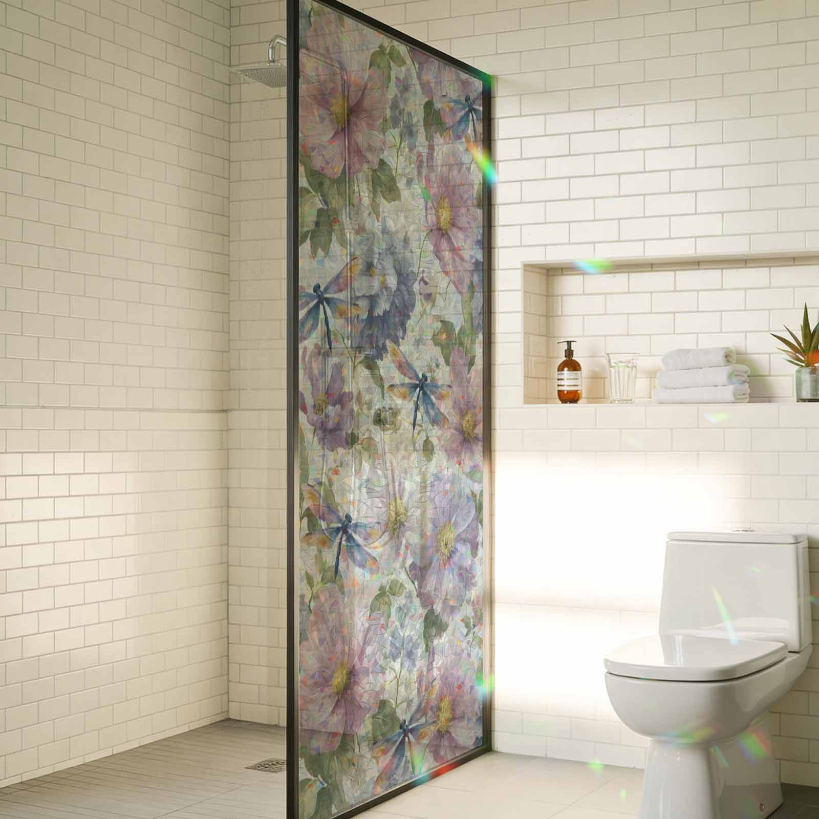 Rainbow Window Privacy Film, Vintage Flowers Static Cling Window Film PVC, Spring Watercolor Floral Dragonflies Beige No Glue UV Blocking Glass Covering, Removable Stained Glass Sticker 23.6''x59''