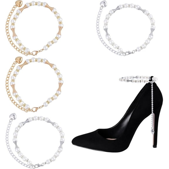 4 Pcs 2 Pairs High Heels Shoe Straps Rhinestone Shoe Straps Resin Pearl Shoelace Bands Replacement Ankle Straps