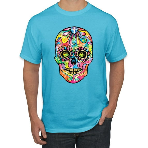 Wild Bobby Dean Russo Colorful Sugar Skull Streetwear Men Graphic Tee, Light Turquoise, 4X-Large