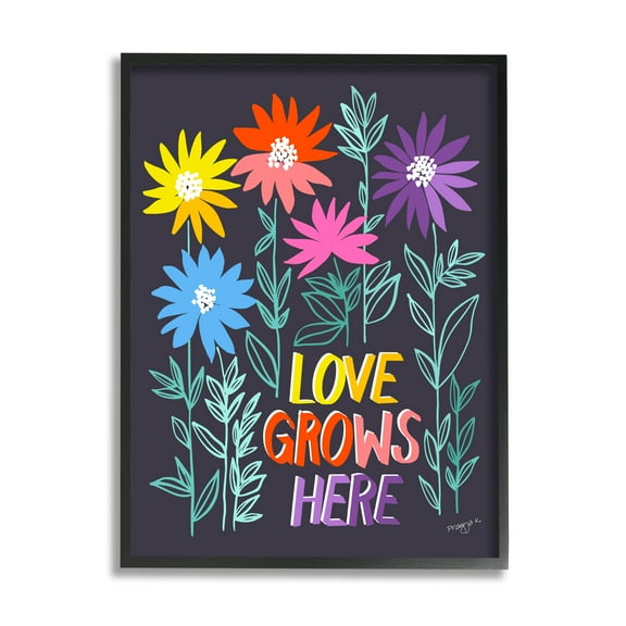 Stupell Industries Love Grows Here Phrase Botanical & Floral Painting Black Framed Art Print Wall Art, 11 x 14