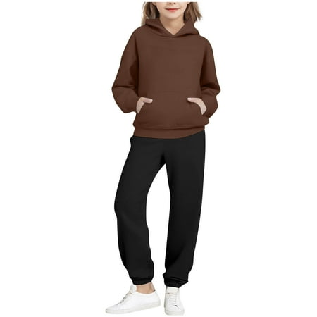 Auroural Girls Clothes Size 7 Boys Clothes Size 7 Outfits Children s Solid Color Long-sleeved Casual Sports Hoodie Long-sleeved Hooded Top + Two-piece Set With Elastic Waist Brown 7 Years