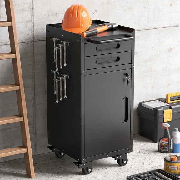 34.3" Narrow Rolling Tool Cabinet - Space-Saving Garage Storage with Lockable Door, 2 Drawers and Large Handle, Slim Metal Organizer for Tight Spaces