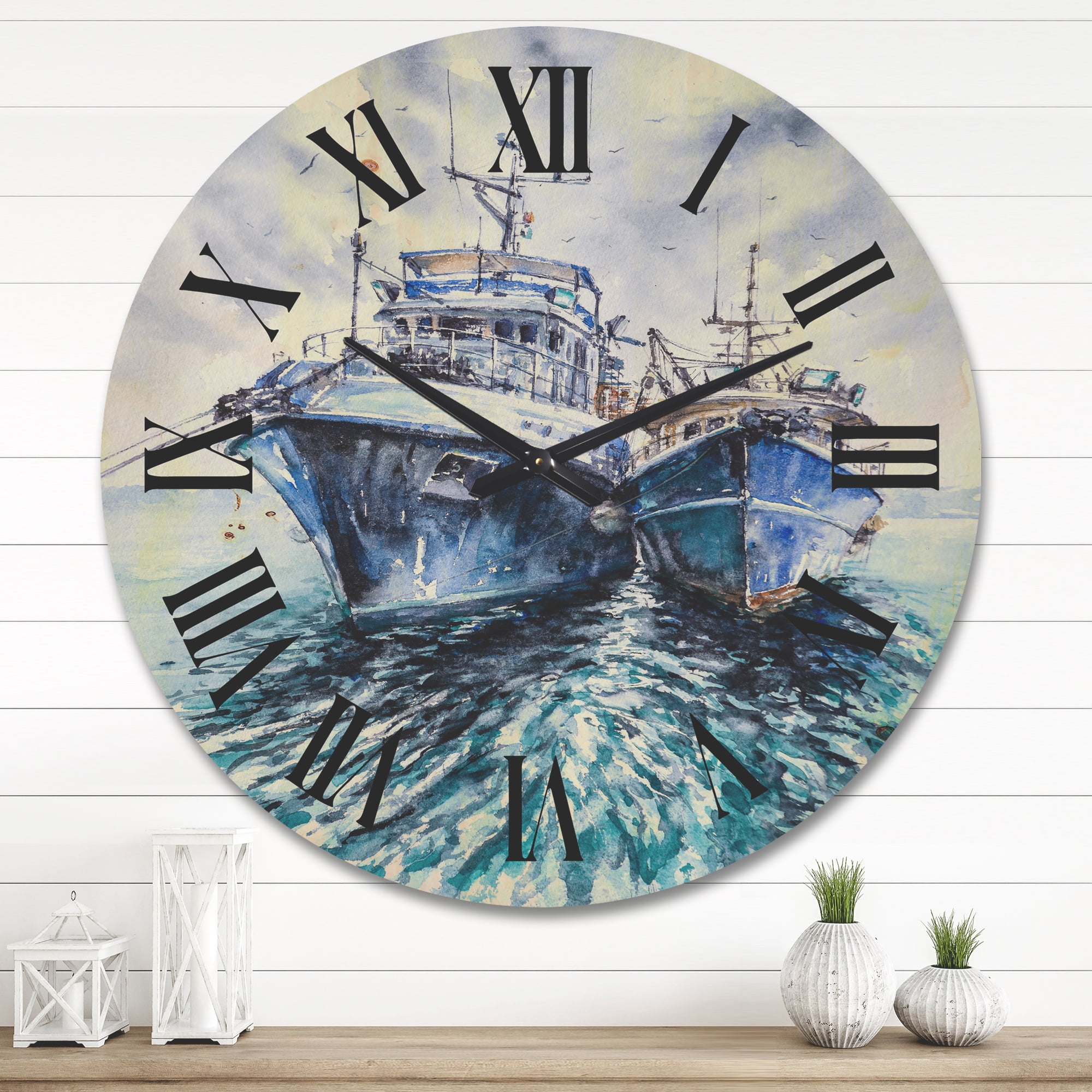 Designart 'Blue Fishing Boats Before A Storm Anchored' Nautical & Coastal Wood Wall Clock