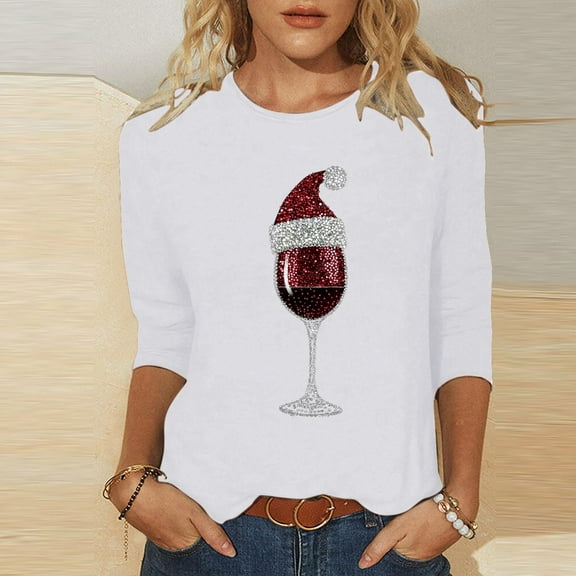 ‌FDGIU Funny Christmas Shirts for Women - Cute Xmas Tree Print 3/4 Sleeve Blouses, Holiday Tops with Crew Neck, Funny Christmas Tops