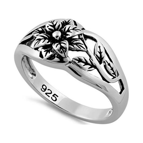 925 Sterling Silver Oxidized Platinum Plated Flower Very Antique Women Valentines Day Gifts Ring