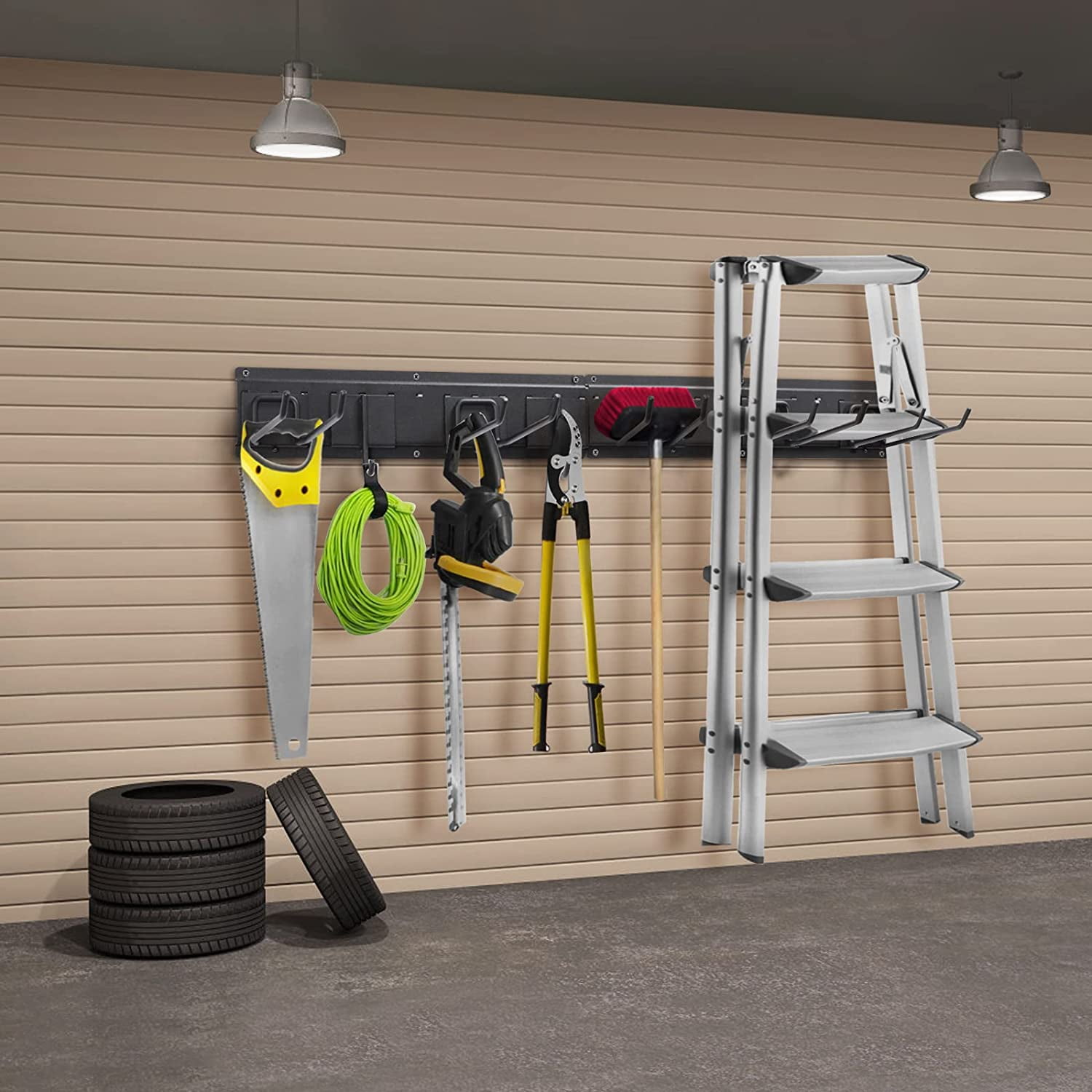 Garage Tool Storage Rack, Heavy Duty Wall Mounted Tools Organizer with 7 Hooks