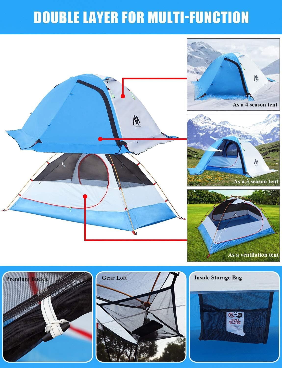 IC ICLOVER 4 Season Backpacking Tent for 2 Person Ultralight Waterproof All Weather Double Layer Camping Tents for Backpacker Outdoor Hiking Survival - Blue