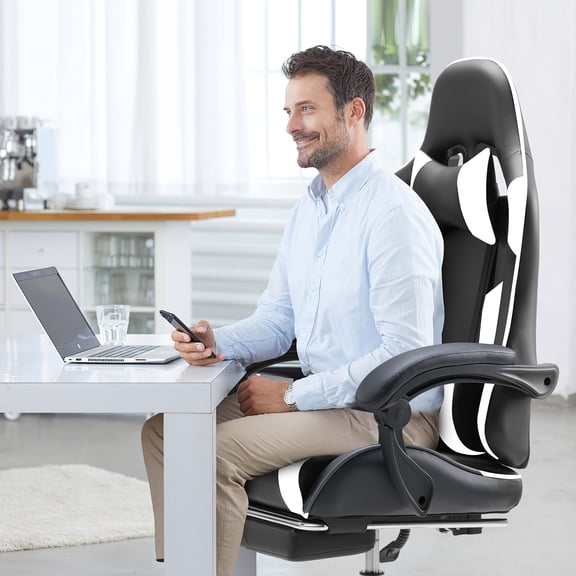 LIFERECORD Computer Chair with Footrest and Lumbar Support, Home Office Chair, Black and White