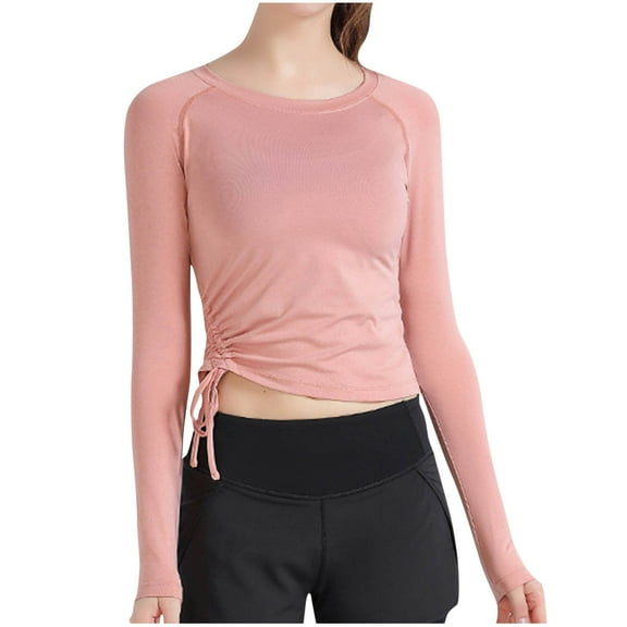Kaemgyyd Workout Tops for Women Long Sleeve Athletic Yoga Running Cropped Shirt Crew Neck Slim Gym Tight Drawstring Tunic Tee