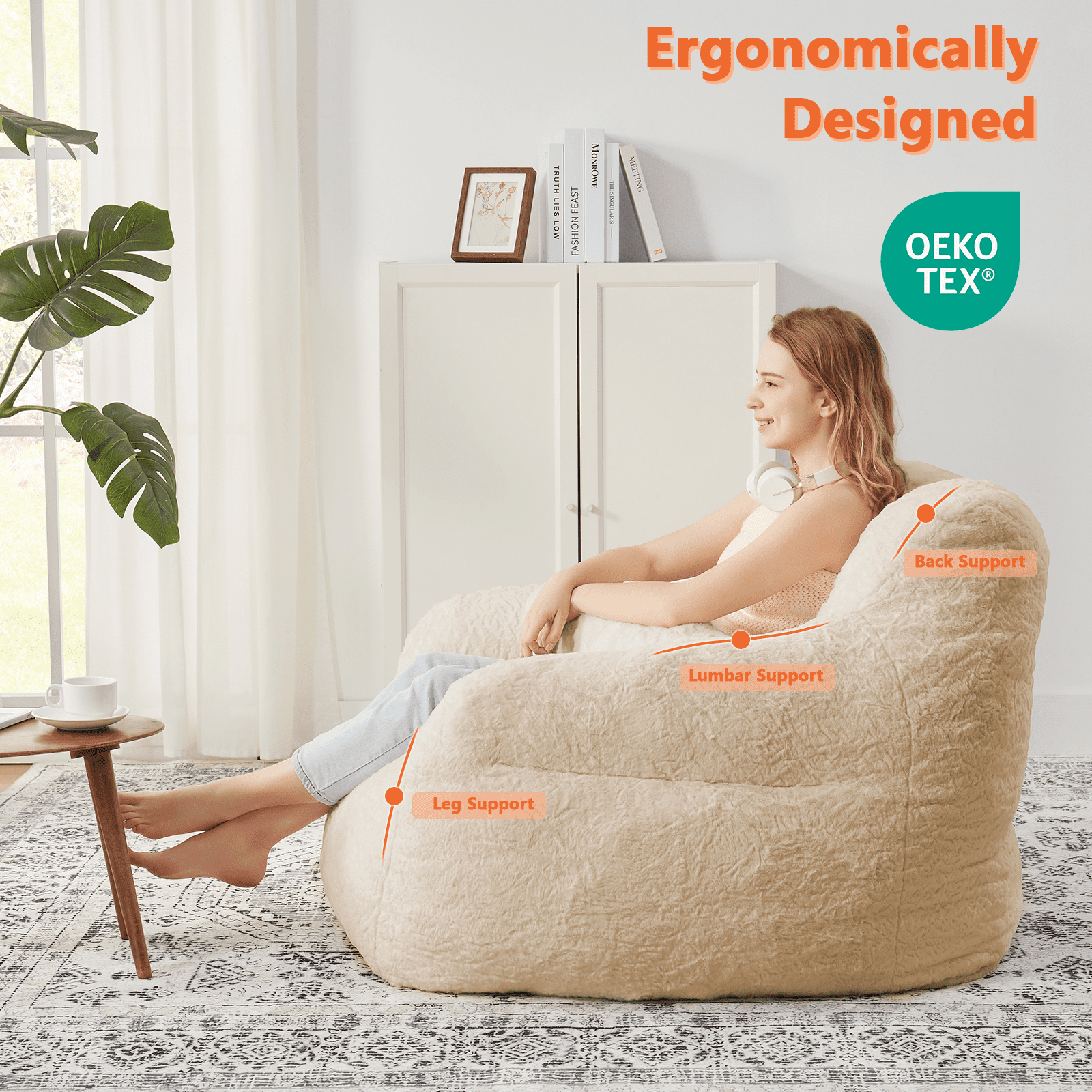 Ebenchico 3.8ft Oversized Bean Bag Chair for Adults Teens Kids, Beanbag Chairs with Pillow, Reading Gaming Relaxing Chair, Apricot