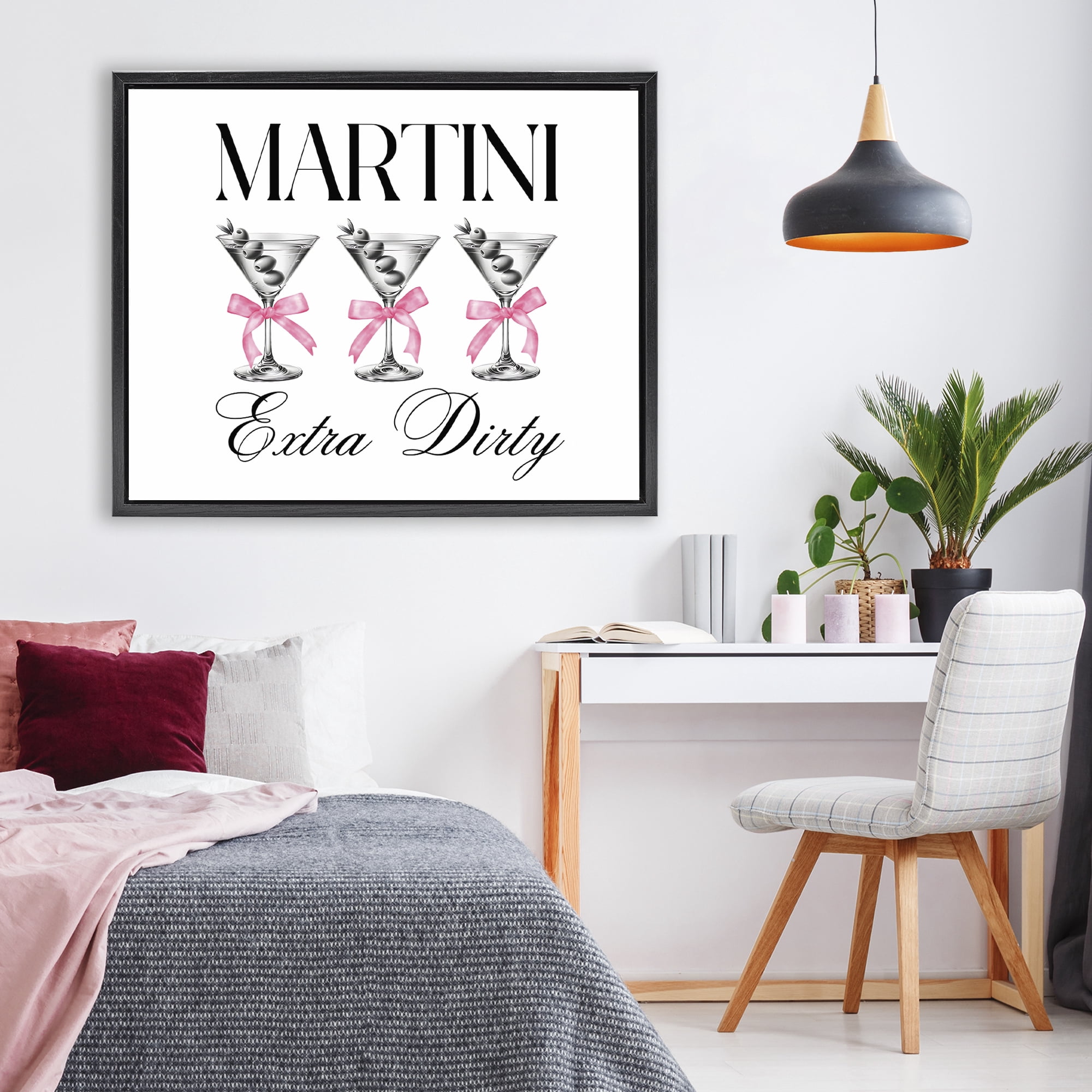 Stupell Industries Pink Ribbon Martini Trio Black Framed Floater Canvas Wall Art, design by Lettered and Lined