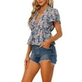 thumbnail image 4 of INSPIRE CHIC Women's Deep V Neck Tops Ruffle Hem Bow Tie Floral Short Sleeve Blouse Purple Black M, 4 of 6