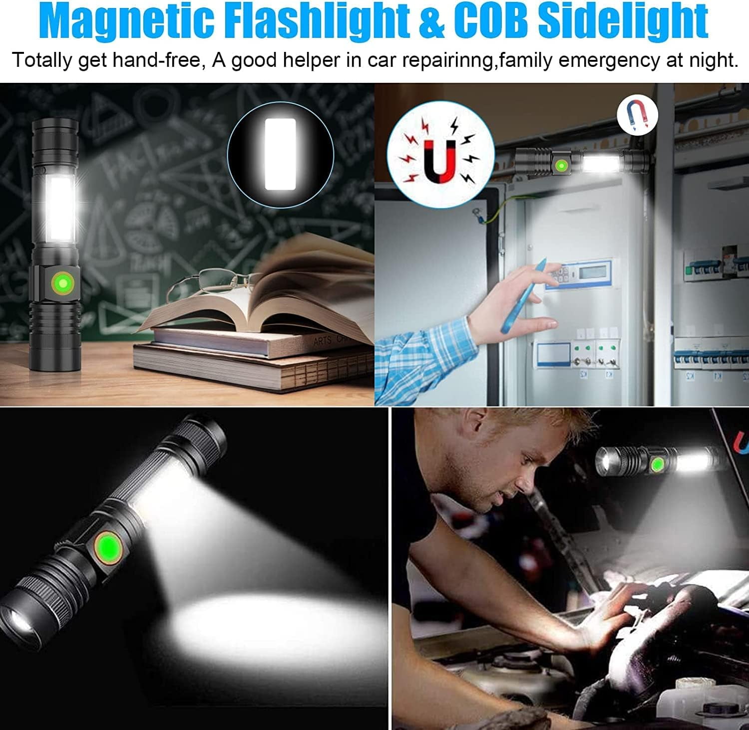 Magnetic Flashlights High Lumens Rechargeable 2 Packs,Super Bright LED Magnet Tactical Flashlight with Cob Worklight,Handheld Flash Light with Holsters for Camping，outdoor activities,hiking,readin,ad