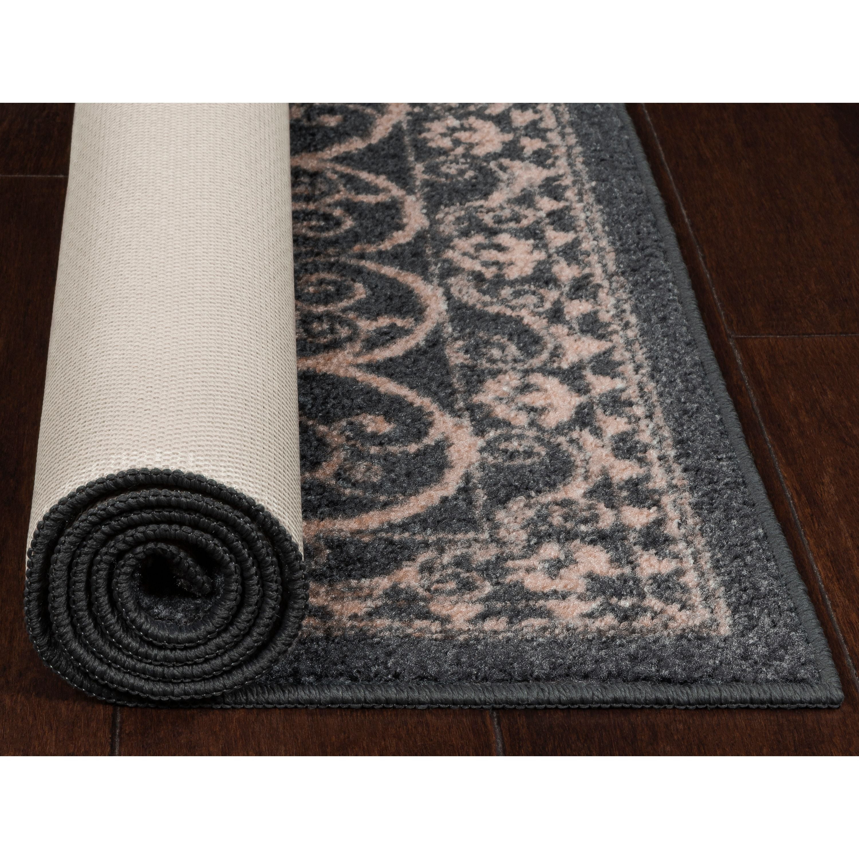 Mainstays India Medallion Textured Print Area Rug and Runner Collection, Gray/Coral, 2' x 6
