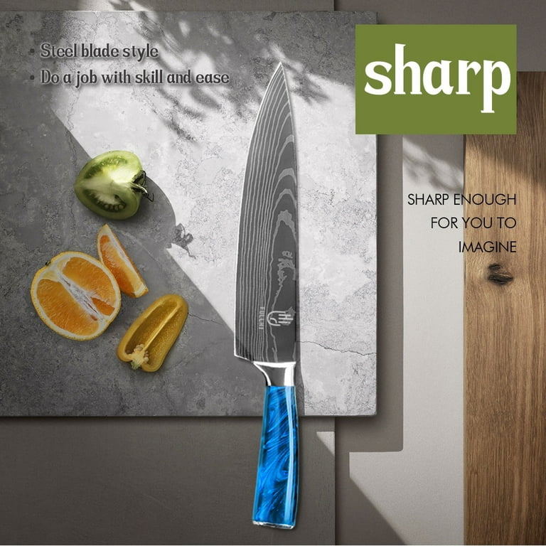 FULLHI Knife Set, 14pcs Japanese Knife Set, Blue Resin Handle Premium German Stainless Steel Kitchen Knife Set with Kitchen Gadgets