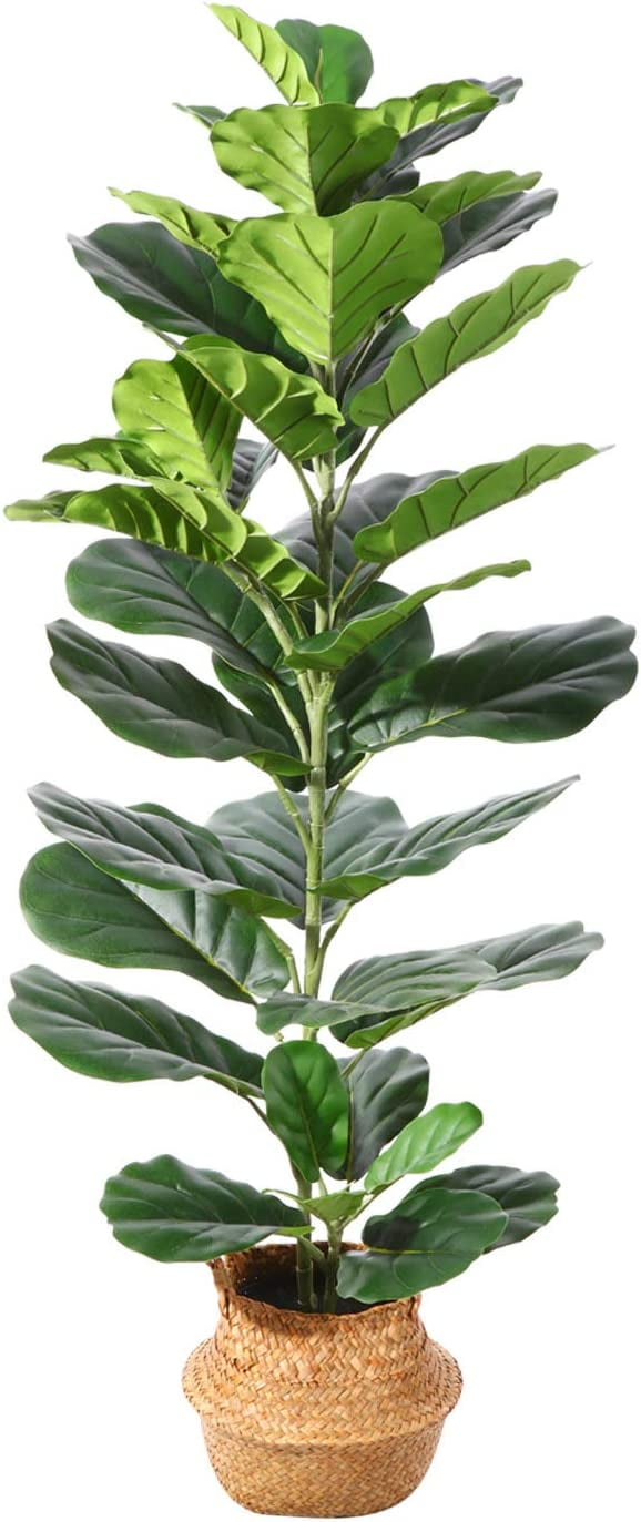 SOGUYI Artificial Fiddle Leaf Fig Tree 37 Inch Tall Fake Plants 45 Leaves Faux Ficus Lyrata Tree in Pot Come with Woven Seagrass Belly Basket Floor Plants for Home Office Living Room Indoor Decor 