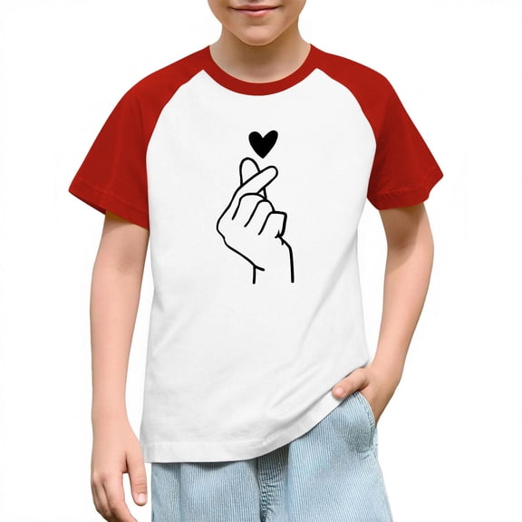 FAWUUDO Kids Valentines Day Graphic Tee Short Sleeve Raglan Sleeve T Shirt Casual Printed Boys Girls Holiday Gift Idea Red 7-8 Years