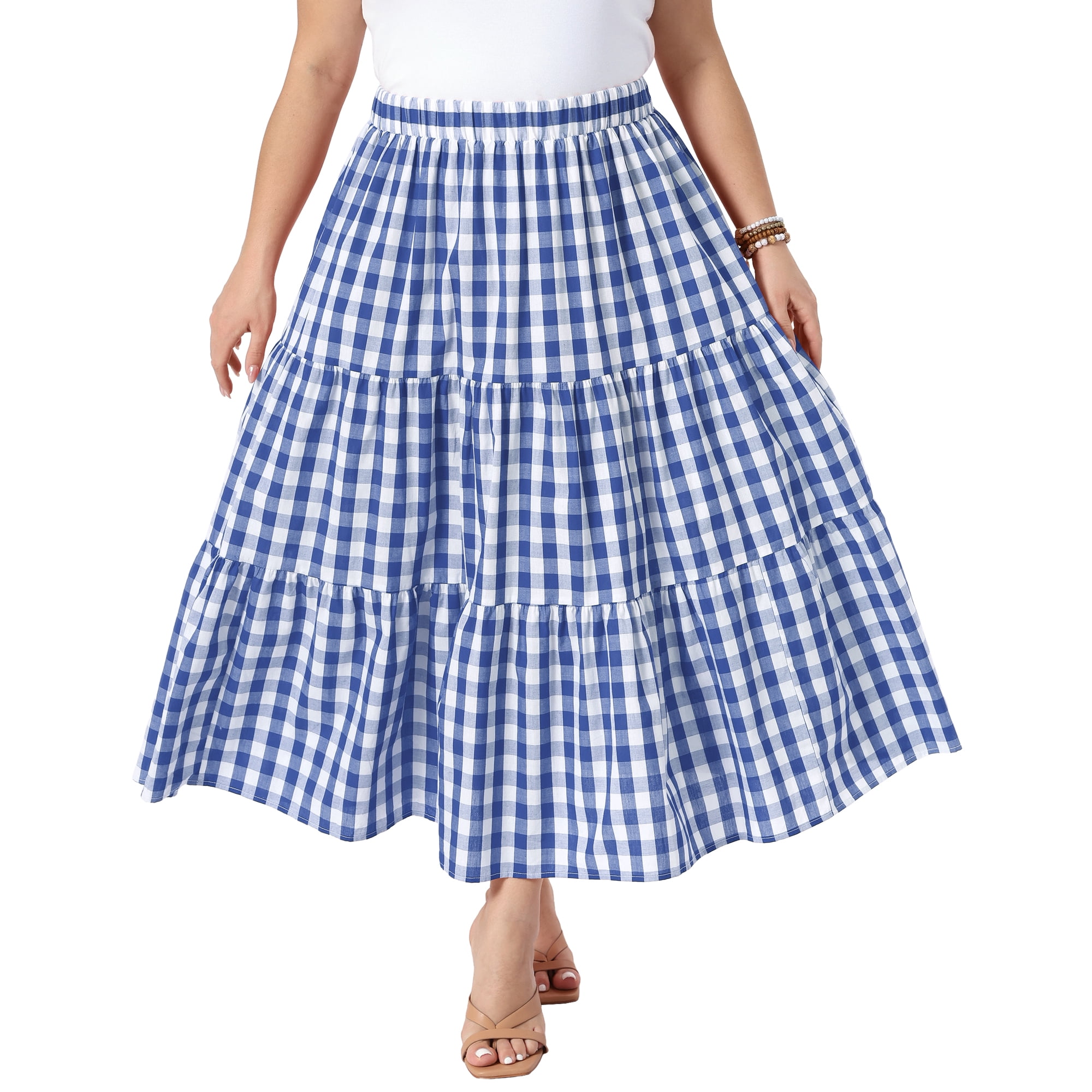 DARING DIVA Women's Plus Gingham Tiered Layer A Line Skirts 4X Blue