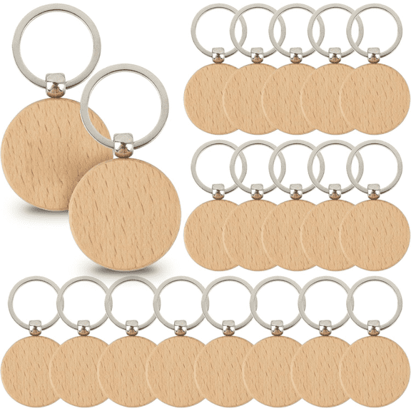 30pcs Round Wood Blanks Keychain Unfinished Wooden Blank Key Chain Chains for Engraving Crafts Ornament