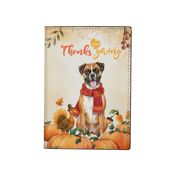Happy Thanksgiving Boxer with Turkey Pumpkins Autumn Vibes Travel Passport Wallet Boxers Dog Lover Gifts Idea PU Leather Passport Holder Cover - 12018