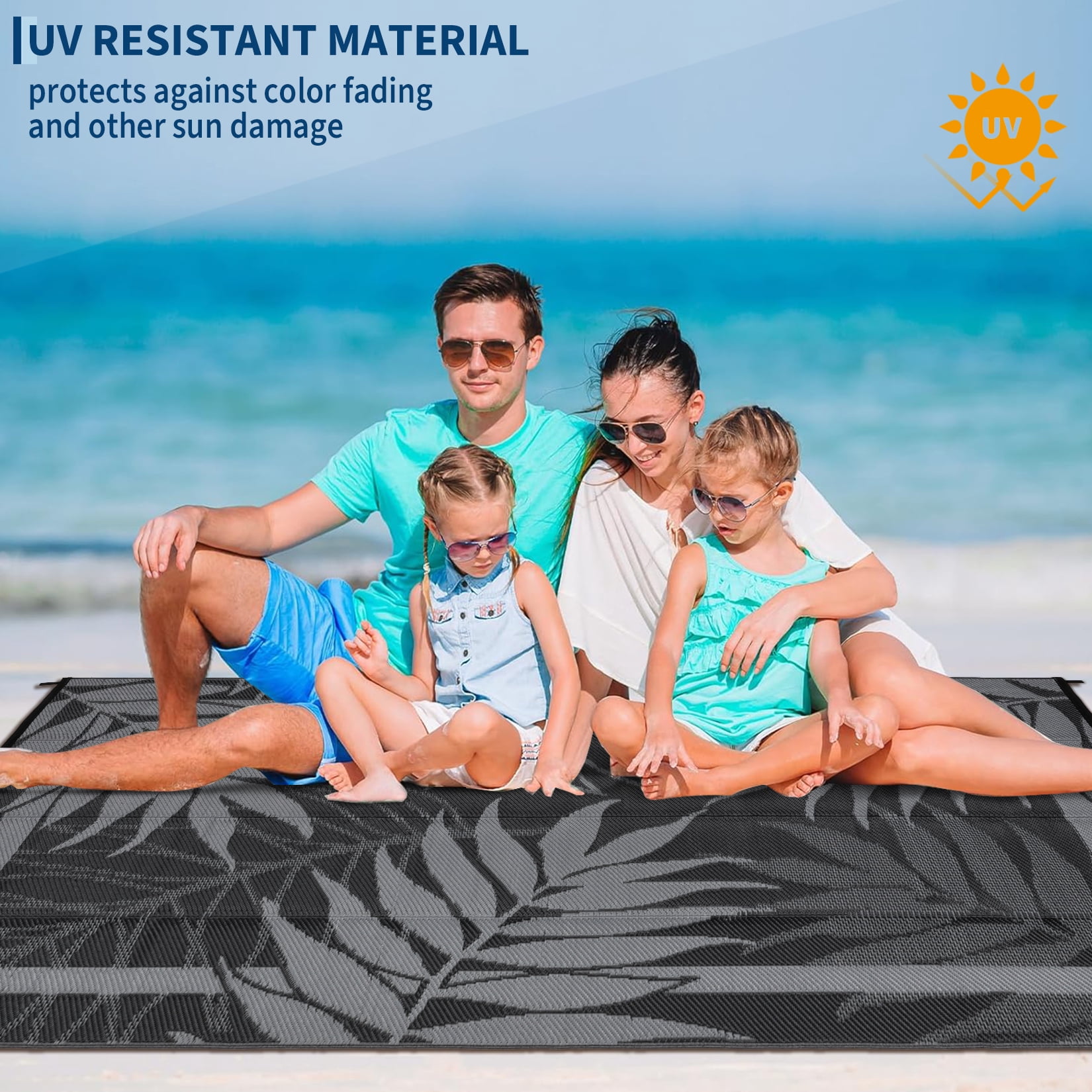 Nanan 9'x18' Outdoor Rug, Modern Leaf Print Waterproof Patio Rug, Outdoor Reversible Plastic Straw Rug for Camping, Deck, Bench, Picnic, RV, Black White