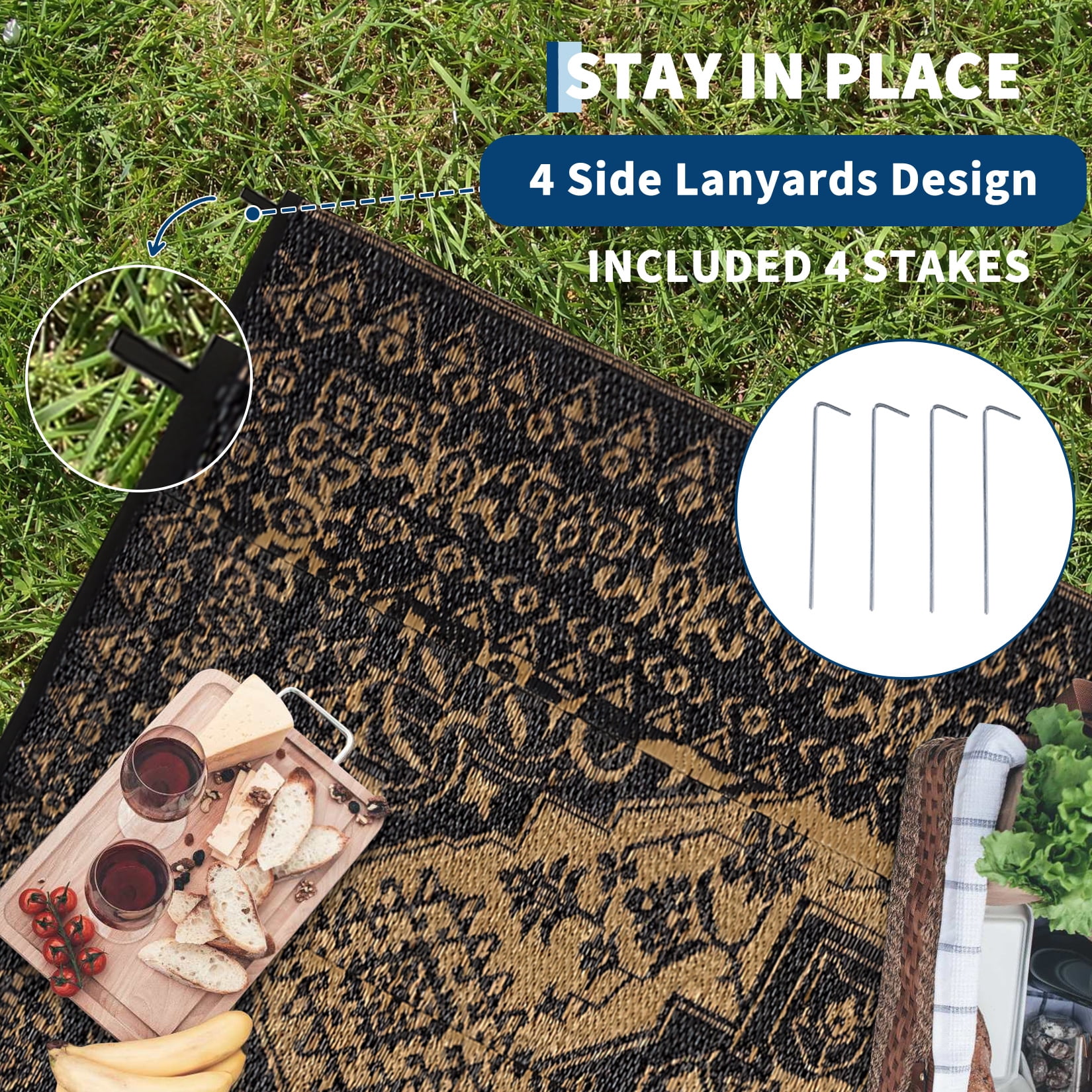 Garvee Outdoor Rug 8'x10' Waterproof Reversible Plastic Straw Rug, Indoor Outdoor Rug for Patio RV Camping Balcony Deck Backyard, Black & Brown