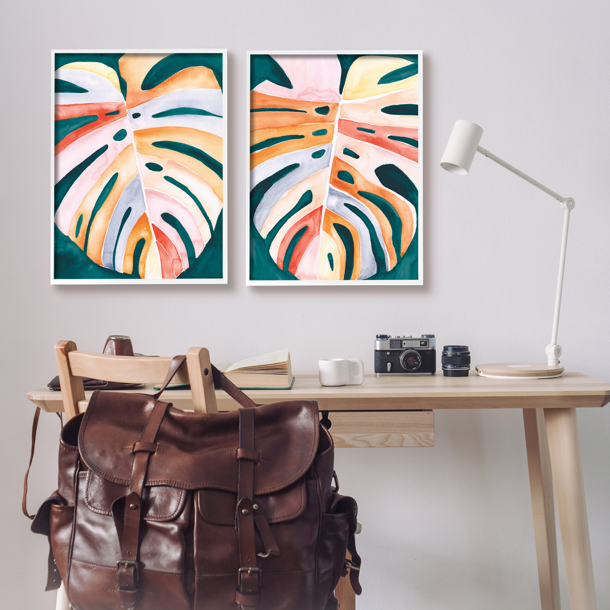 Stupell Industries Tropical Monstera Leaves Botanical & Floral Painting White Framed Art Print Wall Art, 24 x 30, Set of 2