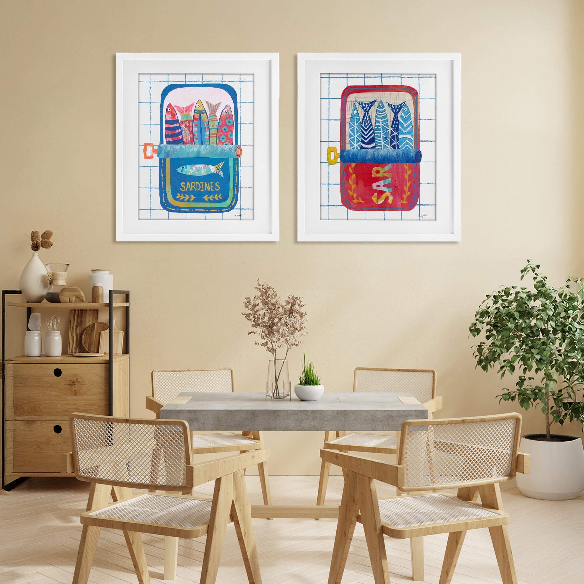 Stupell Industries Whimsical Silly Sardines 2 Piece White Framed Print Under Glass Set, design by Courtney Prahl