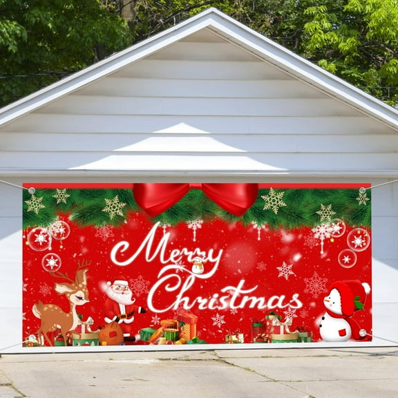 8X7 ft Winter Merry Christmas Garage Door Background Red Christmas Balls Bow Santa Gifts Snowflake Photography Backdrop Winter New Year Xmas Party Decorations Indoor Outdoor Banner Cover
