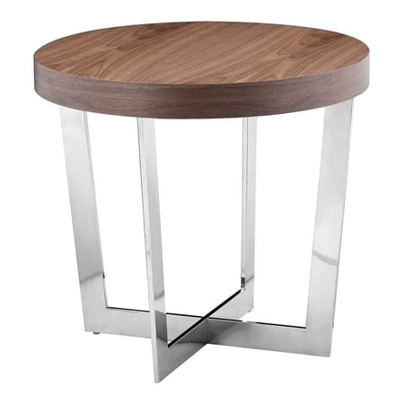 Pemberly Row Modern Wood Veneer & High Polished Steel Side Table in Walnut