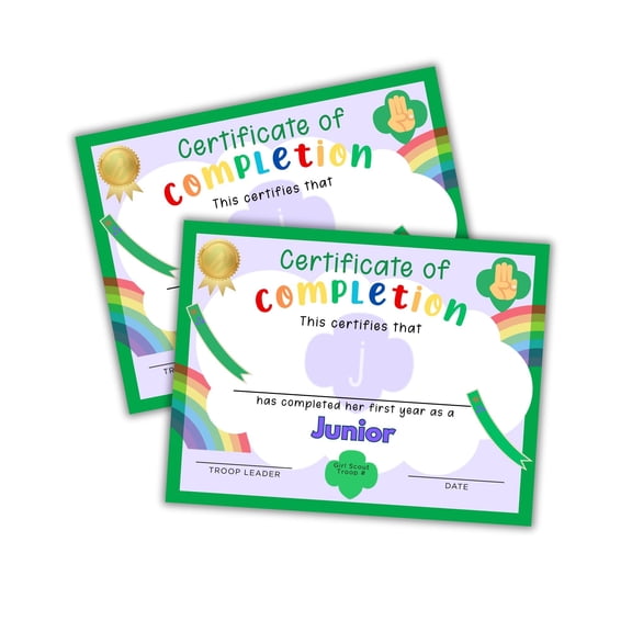 Scout First Year as a Junior Girl Completion Certificate Award 30pk 8.5x11 Troop Leader Bridge Ceremony Brownie Cookie Sales Thank You