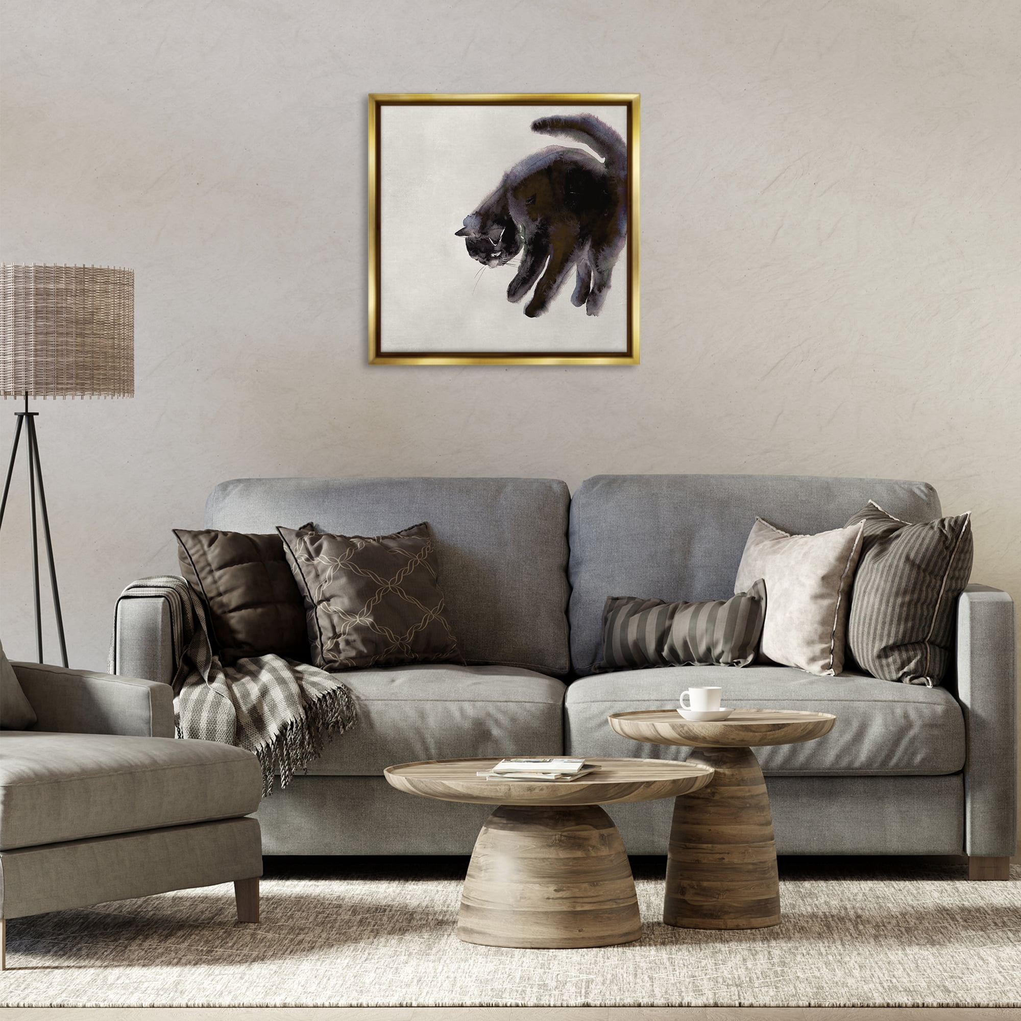 Stupell Industries Simple Cat Watercolor Animals Painting Gold Floater Framed Canvas Art Print Wall Art, 25 x 25