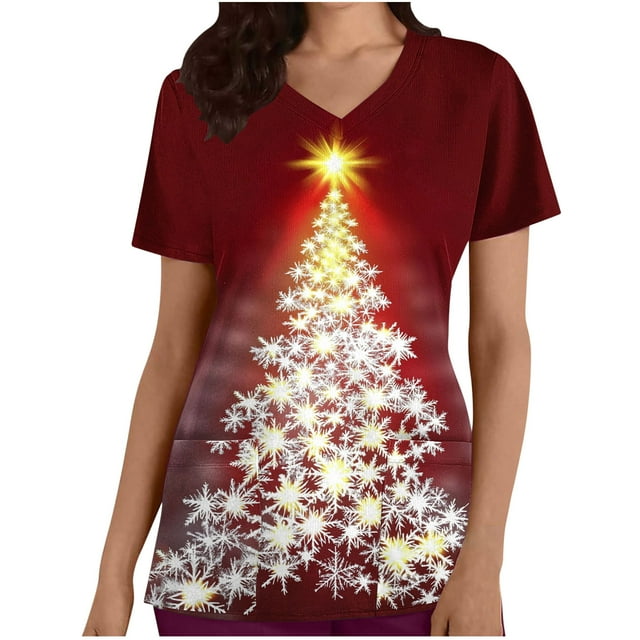Tops Cortos para las Mujeres Impreso Bolsillo V-Cuello Enfermera Estilo Blusa, Casual Y Cómodo Manga Corta Superior