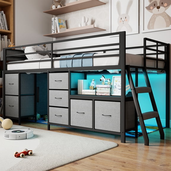 Twin Size Loft Bed, Metal Loft Bed Frame with 7 Fabric Drawers and Storage Shelves, with LED Lights,Modern Low Loft Bed,Black