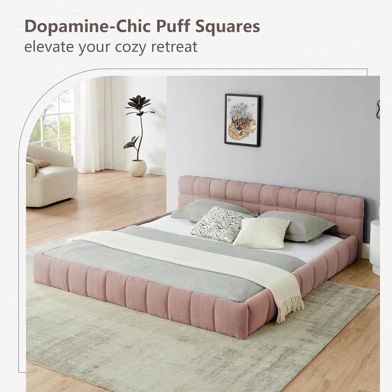 King Size Upholstered Platform Bed with Thick Fabric, Chenille Fabric Grounded Bed Floor Bed with Headboard and Solid Frame, No Box Spring Needed