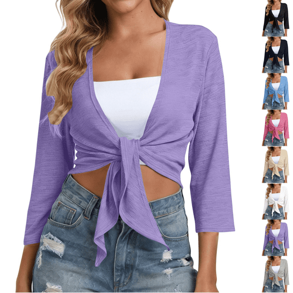PEIBang Women's Wrap Tie Front Cropped Shrug, Textured Solid 3/4 Sleeve Cardigan, Short Cover Up for Camisole Matching