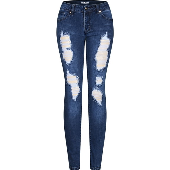 Stretchy 5 Pocket Destroyed Medium Blue Skinny Jeans