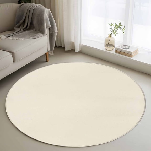 Cream 3FT Round Area Rugs for Living Room Solid Color Ultra-Thin Non-Slip Round Rugs Machine Washable Low Pile Circle Carpet for Bedroom Kitchen Nursery