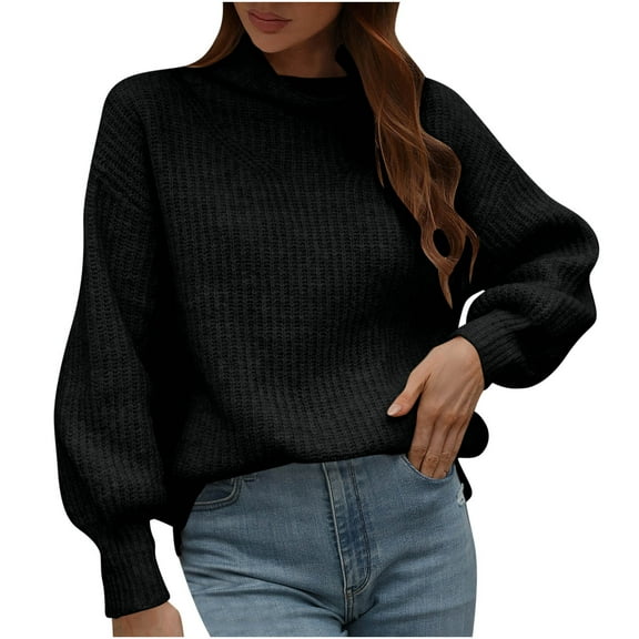 Tuphregyow Women's Leisure Turtle Neck Sweaters Clearance Trendy Solid Ribbed Casual Chunky Sweater Loose Long Sleeve Tunic Outdoor Slouchy Black M