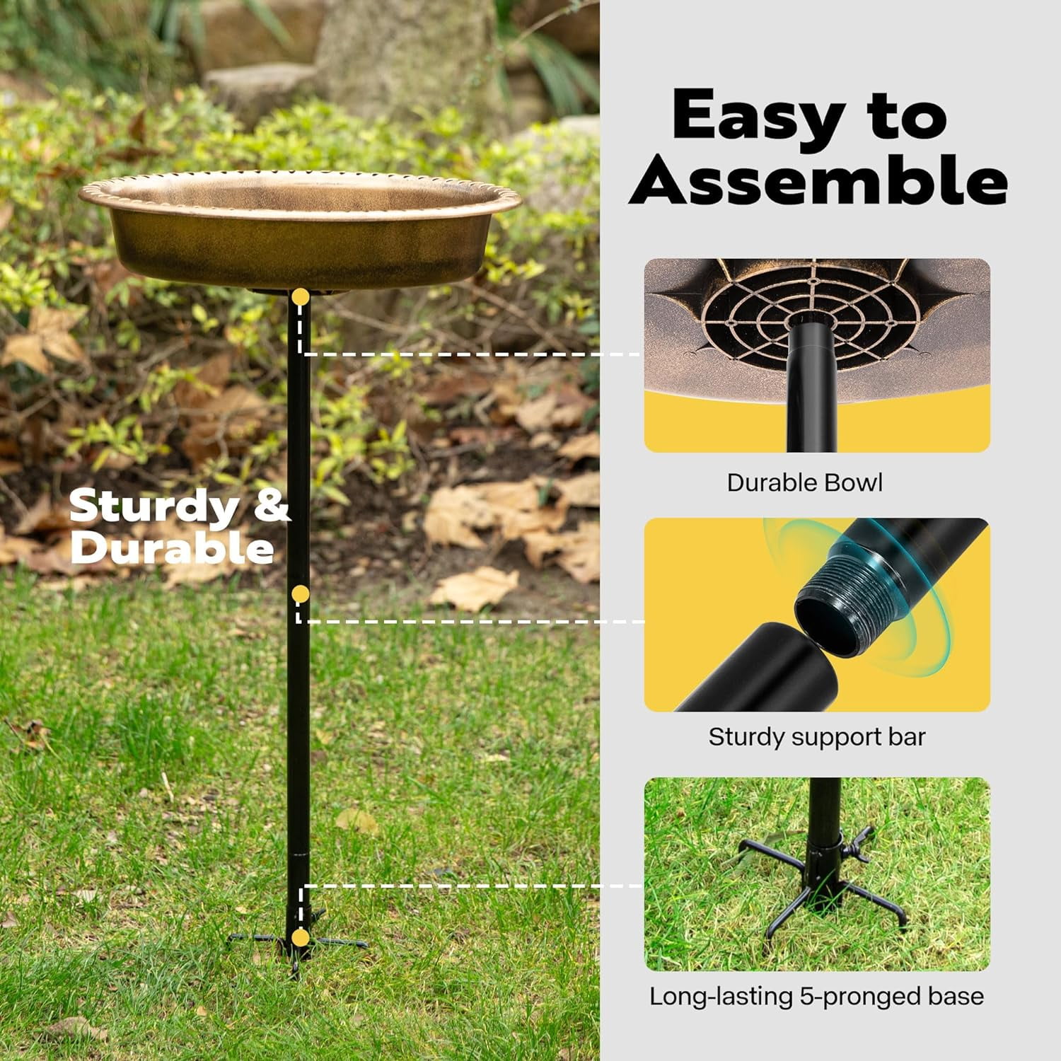 SPECSTAR Bird Bath, Oval Polyresin Birdbath Bowl with Metal Stake, 29 inch Height Outdoor Freestanding Birdfeeder, 1.3 Gallons, 5-Pronged Base, Copper