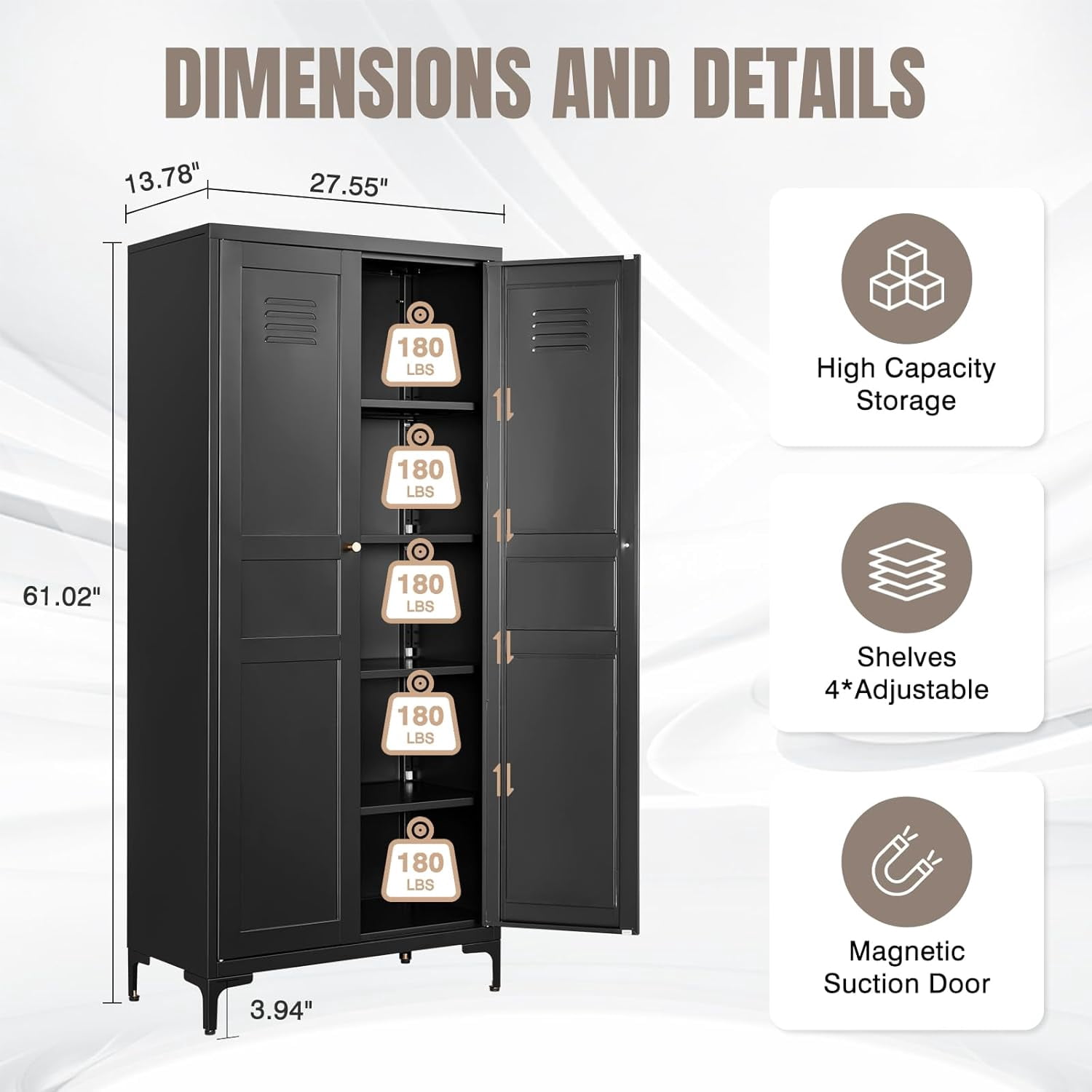 Yizosh Metal Pantry Cabinet,Tall Kitchen Pantry Storage Cabinet with Doors and Adjustable Shelves - 61" Black Cupboard Cabinet for Kitchen, Living Room,Dining Room,Home