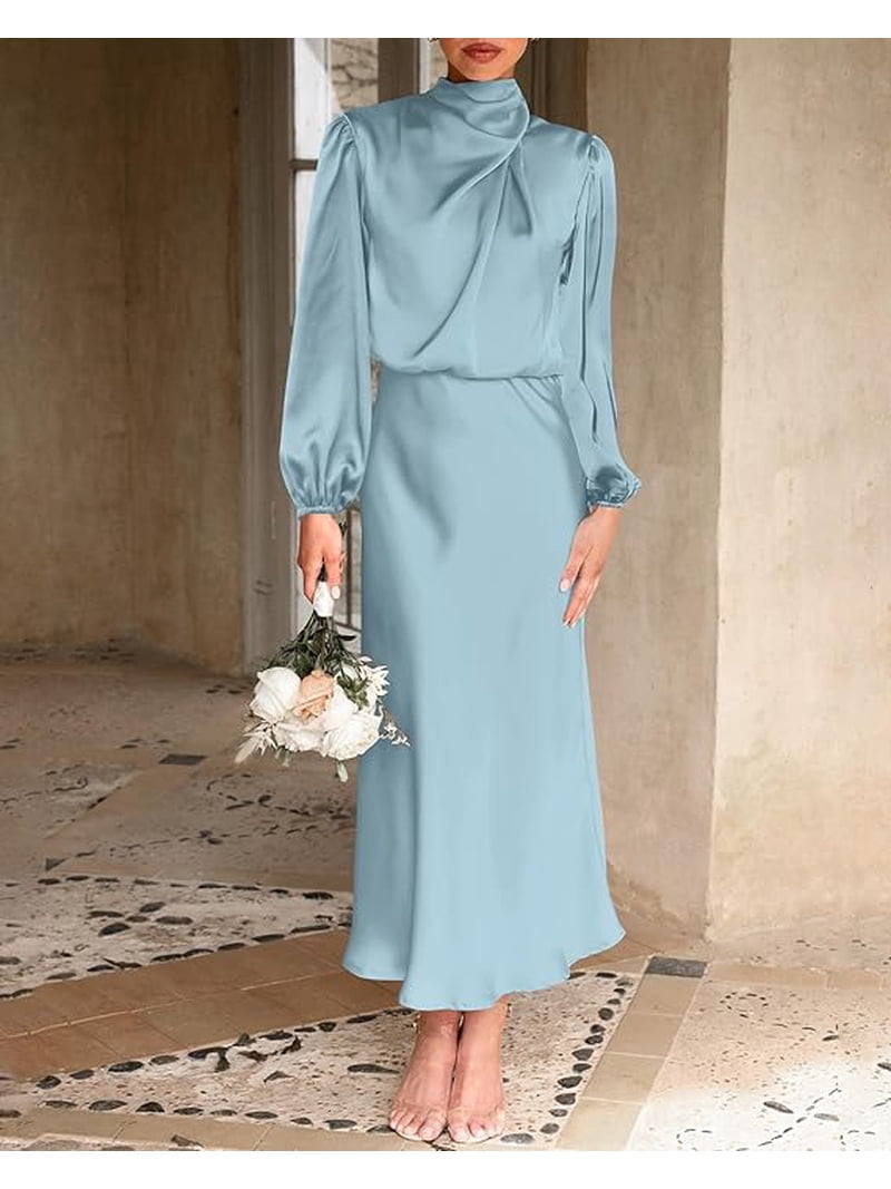 BTFBM Womens Mock Neck Satin Dress Spring Summer Long Sleeve Lightweight Formal Wedding Party Maxi Cocktail Dresses