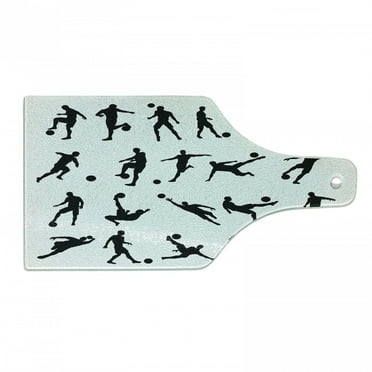 Soccer Cutting Board, Football Player Silhouettes Goalkeeper Striker Shooting Heading Volleying Saving, Tempered Glass Cutting and Serving Board, Wine Bottle Shape, Black White, by Ambesonne