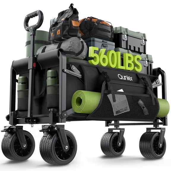 Qunler 560lbs Large Collapsible Folding Wagon with Oversized Tank Wheels, Heavy Duty Big Bucket Utility Garden Cart with Side Pocket for Sports, Shopping, Camping, Kids, Black