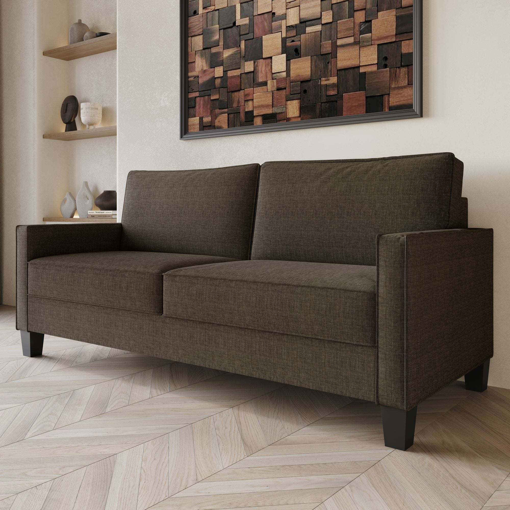 Home Design Marcia Square Arm Sofa with Padded Back and Seat, Modern Upholstery, Black Legs, Comfortable Living Room Seating, Brown