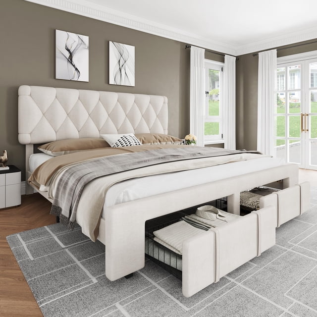 Gaderth King Size Bed Frame With Storage Drawers,Upholstered Platform Bed Frame King With Mattress Foundation With Wooden Slats Support,No Box Spring Needed