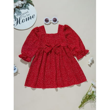 

Toddler Girls Polka Dot Flounce Sleeve Square Neck Knot Front Dress Red Cute A040W