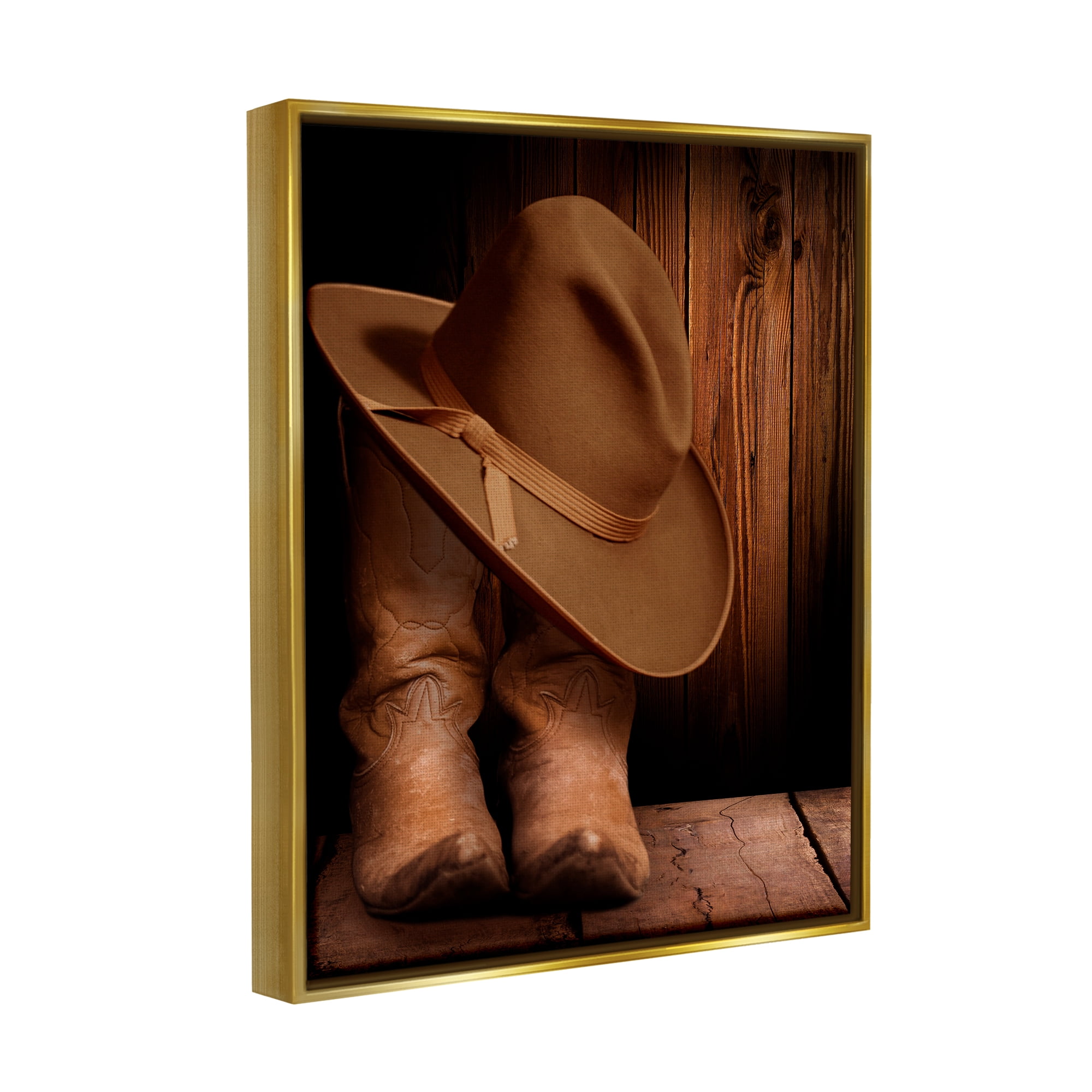 Stupell Industries Cowboy Boots & Hat Literature & Flim Photography Gold Floater Framed Canvas Art Print Wall Art, 17 x 21
