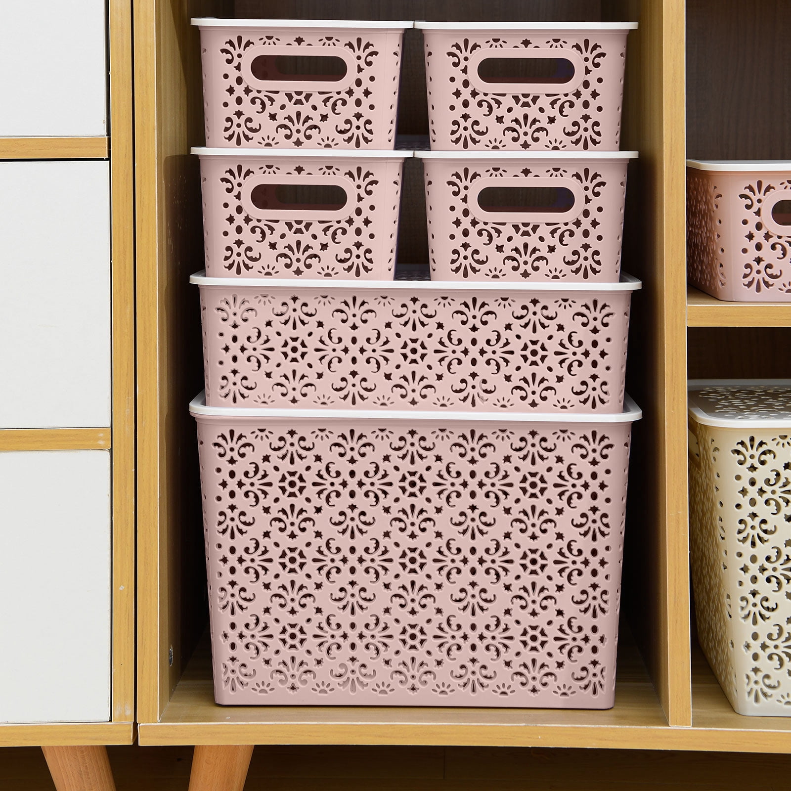 Set of 6 Stackable Lace-Design Storage Bins Plastic Home Organizer Container with Lids for Bathroom Closet Crafts, Pink